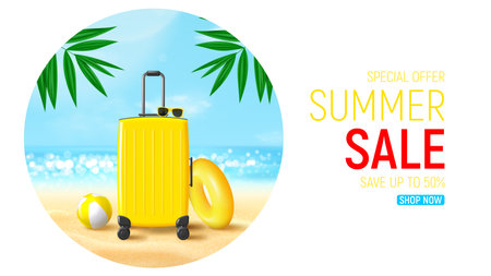Summer sale ad banner template. 3d banner with suitcase, sunglasses, inflatable ring and ball on sea beach. Vector 3d illustration for promotion of summer sale. Landscape of scenic seashore.のイラスト素材