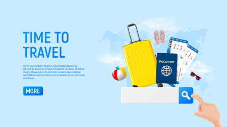 Vacation banner with travel concept. 3d vector illustration with suitcase, ball, tickets, passport, sunglasses, flip flops, search icon and cartoon hand. Concept of web page of tourist agency.のイラスト素材