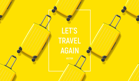 Travel banner with yellow suitcases. Vector illustration with 3d suitcases on yellow background. Vacation or traveling concept. Seamless pattern.のイラスト素材
