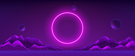 Surreal concept of technology metaverse. Concept of virtual digital reality. Simulation of network futuristic world or metaverse. 3d vector illustration with neon circle. Innovation global technology.のイラスト素材