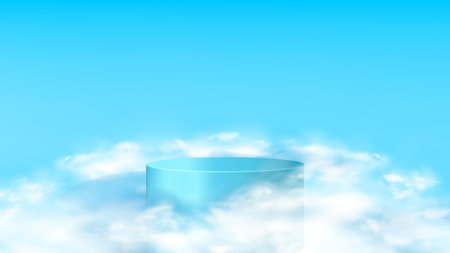 Promotion background with podium in clouds. Vector 3d illustration with podium and realistic clouds for promotion products or goods.のイラスト素材