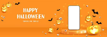 Halloween sale banner template. Festive banner with 3d spooky pumpkins, smartphone on podium, candy eyes and paper bats. Vector 3d ad illustration for promotion of Halloween sale.のイラスト素材