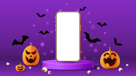 Halloween sale banner template. Festive banner with 3d spooky pumpkins, smartphone on podium, candy eyes and paper bats. Vector 3d ad illustration for promotion of Halloween sale.のイラスト素材