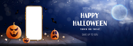 Halloween sale banner template. Festive banner with 3d pumpkins, smartphone, candy eyes on wooden desk with cloudy sky, shadows of trees and moon on background. Vector 3d illustration.のイラスト素材