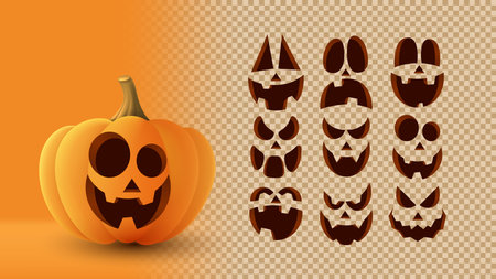 3d pumpkin with scary faces. Set of pumpkin faces for decoration of Halloween. Vector 3d illustration with creepy eyes and smiles isolated on checkered background.のイラスト素材