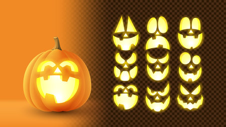 3d pumpkin with set of glowing faces. Set of pumpkin faces for decoration of Halloween. Vector 3d illustration with creepy eyes and smiles isolated on checkered background.のイラスト素材