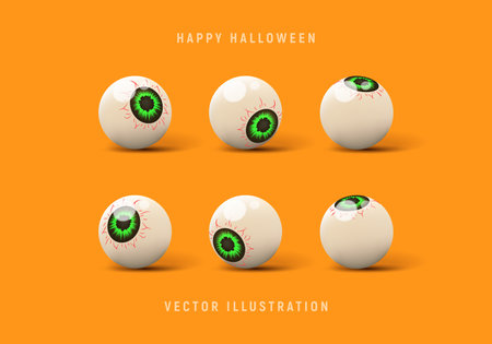 Set of 3d candy eyes for Halloween decoration. Vector 3d illustration with creepy eyes isolated on orange background.のイラスト素材