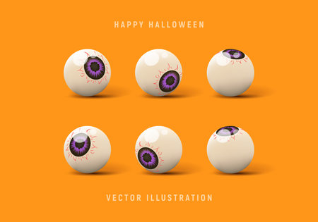 Set of 3d candy eyes for Halloween decoration. Vector 3d illustration with creepy eyes isolated on orange background.のイラスト素材
