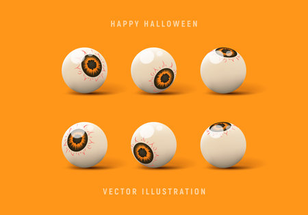 Set of 3d candy eyes for Halloween decoration. Vector 3d illustration with creepy eyes isolated on orange background.のイラスト素材