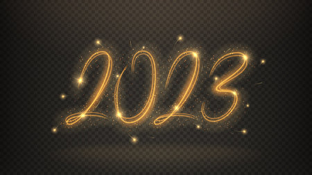 2023 Happy New Year banner. Number 2023 written with sparkling sparklers isolated on checkered background. Glowing template for holiday greeting card, banners and poster. 2023 sparkling sign.のイラスト素材