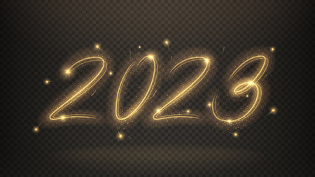 2023 Happy New Year banner. Number 2023 written with sparkling sparklers isolated on checkered background. Glowing template for holiday greeting card, banners and poster. 2023 sparkling sign.のイラスト素材
