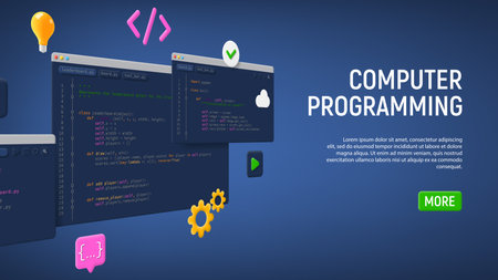 Concept of computer programming or developing software or game. Vector 3d illustration with coding symbols and windows. Concept of Information technologies and computer engineering.のイラスト素材