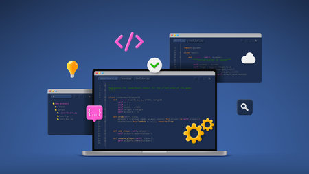 Concept of computer programming or developing software or game. Vector 3d illustration with coding symbols and windows. Concept of Information technologies and computer engineering.のイラスト素材