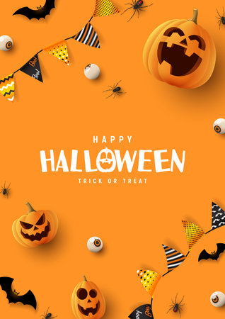 Happy Halloween holiday poster. Orange festive banner with 3d spooky pumpkins, candy eyes, paper bats, spiders and garlands. vector illustration. Happy Halloween holiday banner.のイラスト素材