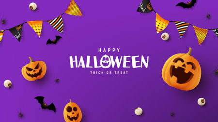 Happy Halloween holiday banner. Purple festive banner with 3d spooky pumpkins, candy eyes, paper bats, spiders and garlands. vector illustration. Happy Halloween holiday banner.のイラスト素材
