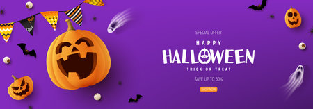 Happy Halloween banner. Purple festive banner with 3d spooky pumpkins, ghosts, candy eyes, paper bats, spiders and garlands. vector illustration. Happy Halloween holiday banner.のイラスト素材