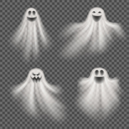 Set of realistic ghosts isolated on checkered background. Collection of transparent ghosts for halloween decoration. Vector illustration of 3d scary poltergeists or phantoms. Set of cute spirits.のイラスト素材