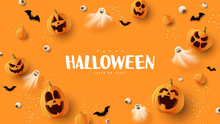 Happy Halloween holiday banner. Orange festive banner with 3d spooky pumpkins, candy eyes, paper bats, ghosts and confetti. vector illustration. Happy Halloween holiday banner.のイラスト素材