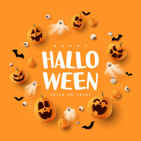 Happy Halloween holiday card. Orange festive banner with 3d spooky pumpkins, candy eyes, paper bats, ghosts and confetti. vector illustration. Happy Halloween holiday banner.のイラスト素材