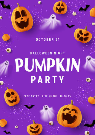 Happy Halloween party poster. Purple party flyer with 3d spooky pumpkins, candy eyes, paper bats, ghosts and confetti. vector illustration. Happy Halloween holiday banner.のイラスト素材