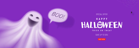 Horizontal banner for Halloween sale. Purple banner with 3d transparent ghost and spider on web. vector illustration. Happy Halloween holiday banner.のイラスト素材