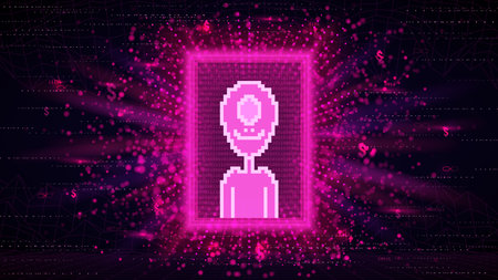 Concept of NFT art installation. Vector illustration with image of crypto art for sell in metaverse....