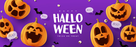 Happy Halloween holiday banner. Purple festive banner with 3d spooky pumpkins, candy eyes and paper bats. vector illustration. Happy Halloween background.のイラスト素材