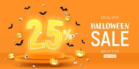 Halloween sale banner template. Vector illustration with soaring podium and neon numbers with amount of discount. vector illustration. Ad background with 3d stage for Halloween sale.のイラスト素材