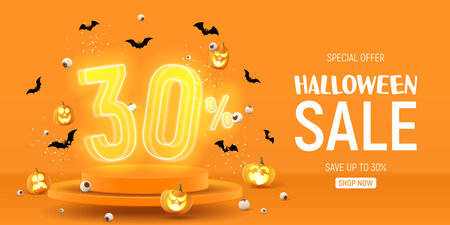 Halloween sale banner template. Vector illustration with soaring podium and neon numbers with amount of discount. vector illustration. Ad background with 3d stage for Halloween sale.のイラスト素材