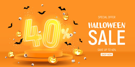 Halloween sale banner template. Vector illustration with soaring podium and neon numbers with amount of discount. vector illustration. Ad background with 3d stage for Halloween sale.のイラスト素材