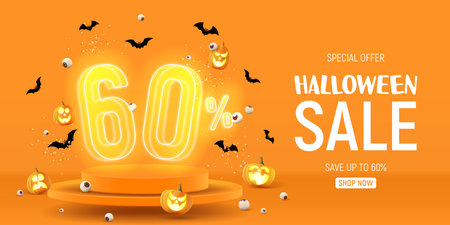 Halloween sale banner template. Vector illustration with soaring podium and neon numbers with amount of discount. vector illustration. Ad background with 3d stage for Halloween sale.のイラスト素材