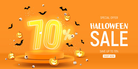 Halloween sale banner template. Vector illustration with soaring podium and neon numbers with amount of discount. vector illustration. Ad background with 3d stage for Halloween sale.のイラスト素材