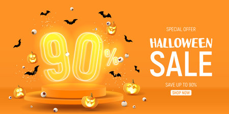 Halloween sale banner template. Vector illustration with soaring podium and neon numbers with amount of discount. vector illustration. Ad background with 3d stage for Halloween sale.のイラスト素材