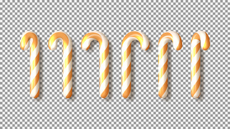 Set of golden Xmas candy canes. 3d realistic holiday sweets isolated on checkered background. Templates of candies for Christmas and New Year cards, posters, banners, flyers. vector illustration.のイラスト素材