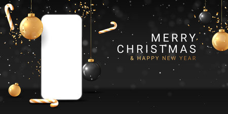Merry Christmas and Happy New Year banner. Christmas banner with realistic 3d black and golden balls, candy canes, confetti and smartphone. Xmas greeting background. holiday vector illustration.のイラスト素材