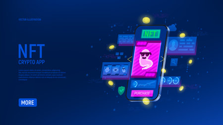 Concept of app for sell NFT art. Mobile phone with application for buying NFT pictures. 3d vector illustration. non fungible token. digital blockchain technology.のイラスト素材