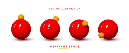 Set of Christmas plastic balls. Holiday red plastic balls for festive decoration isolated on white background. vector illustration. 3d vector decorative elements.のイラスト素材