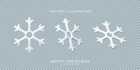 Collection of vector snowflakes. Vector illustration with 3d plastic snowflakes isolated on checkered background. winter decoration symbols.のイラスト素材