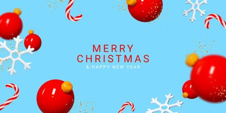 Merry Christmas and Happy New Year banner. Blue holiday background with plastic Christmas balls, snowflakes, candy canes and golden confetti. New Year holiday symbols. vector illustration.のイラスト素材