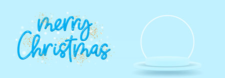 Merry christmas holiday background. Realistic 3d lettering. Merry Christmas banner for promotion holiday goods or products. Realistic 3d vector illustration with soaring podium and neon circle.のイラスト素材