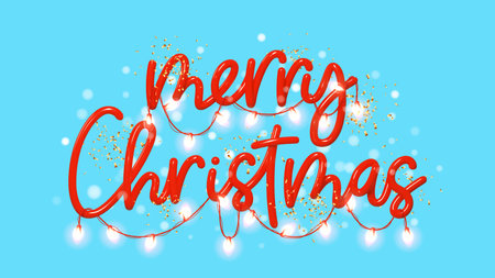 Merry christmas holiday banner. Realistic 3d lettering with sparkling garland. Merry Christmas lettering for decoration holiday event. Realistic 3d vector illustration for decoration banner, poster.のイラスト素材
