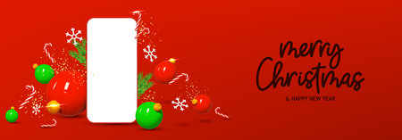 Merry Christmas and Happy New Year banner. Merry Christmas and New Year banner with smartphone and decoration elements. Realistic 3d vector illustration for promotion goods. smartphone mockup.のイラスト素材