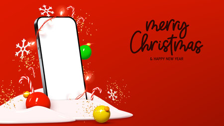 Merry Christmas and Happy New Year banner. Merry Christmas and New Year banner with smartphone and decoration elements. Realistic 3d vector illustration for promotion goods. smartphone mockup.のイラスト素材