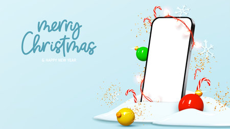 Merry Christmas and Happy New Year banner. Merry Christmas and New Year banner with smartphone and decoration elements. Realistic 3d vector illustration for promotion goods. smartphone mockup.のイラスト素材
