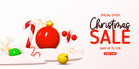 Christmas sale banner template. Vector illustration with holiday decorations and candy number with amount of discount. Ad background with realistic 3d elements for Christmas sale.のイラスト素材