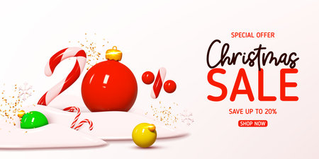 Christmas sale banner template. Vector illustration with holiday decorations and candy number with amount of discount. Ad background with realistic 3d elements for Christmas sale.のイラスト素材