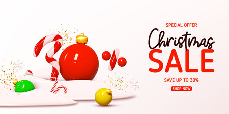 Christmas sale banner template. Vector illustration with holiday decorations and candy number with amount of discount. Ad background with realistic 3d elements for Christmas sale.のイラスト素材