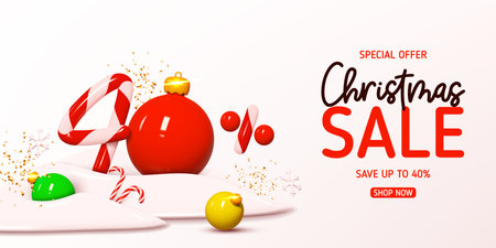 Christmas sale banner template. Vector illustration with holiday decorations and candy number with amount of discount. Ad background with realistic 3d elements for Christmas sale.のイラスト素材