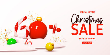 Christmas sale banner template. Vector illustration with holiday decorations and candy number with amount of discount. Ad background with realistic 3d elements for Christmas sale.のイラスト素材