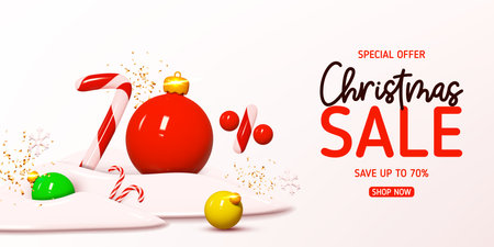 Christmas sale banner template. Vector illustration with holiday decorations and candy number with amount of discount. Ad background with realistic 3d elements for Christmas sale.のイラスト素材